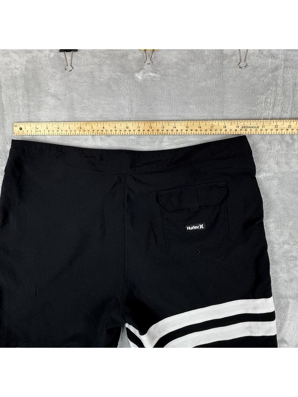 Hurley Phantom Black Board Shorts White Stripe Surf Swim Size 38 Unlined Coastal - Picture 4 of 8